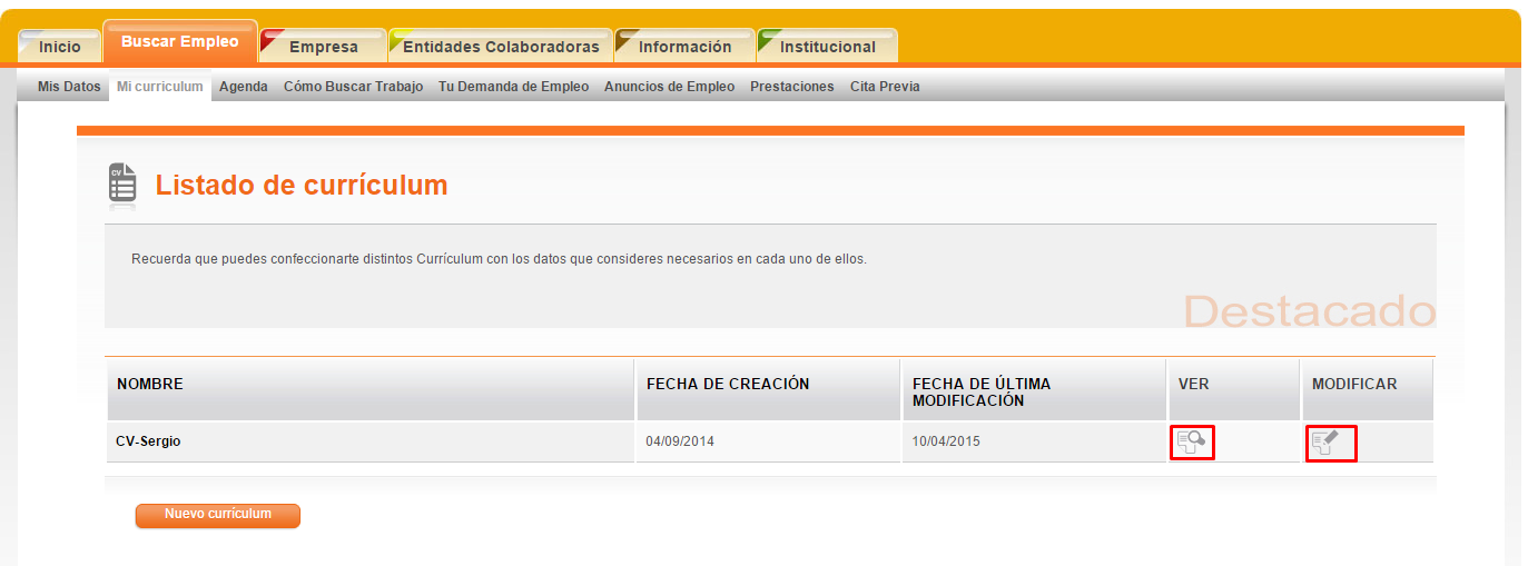 listado de currículum