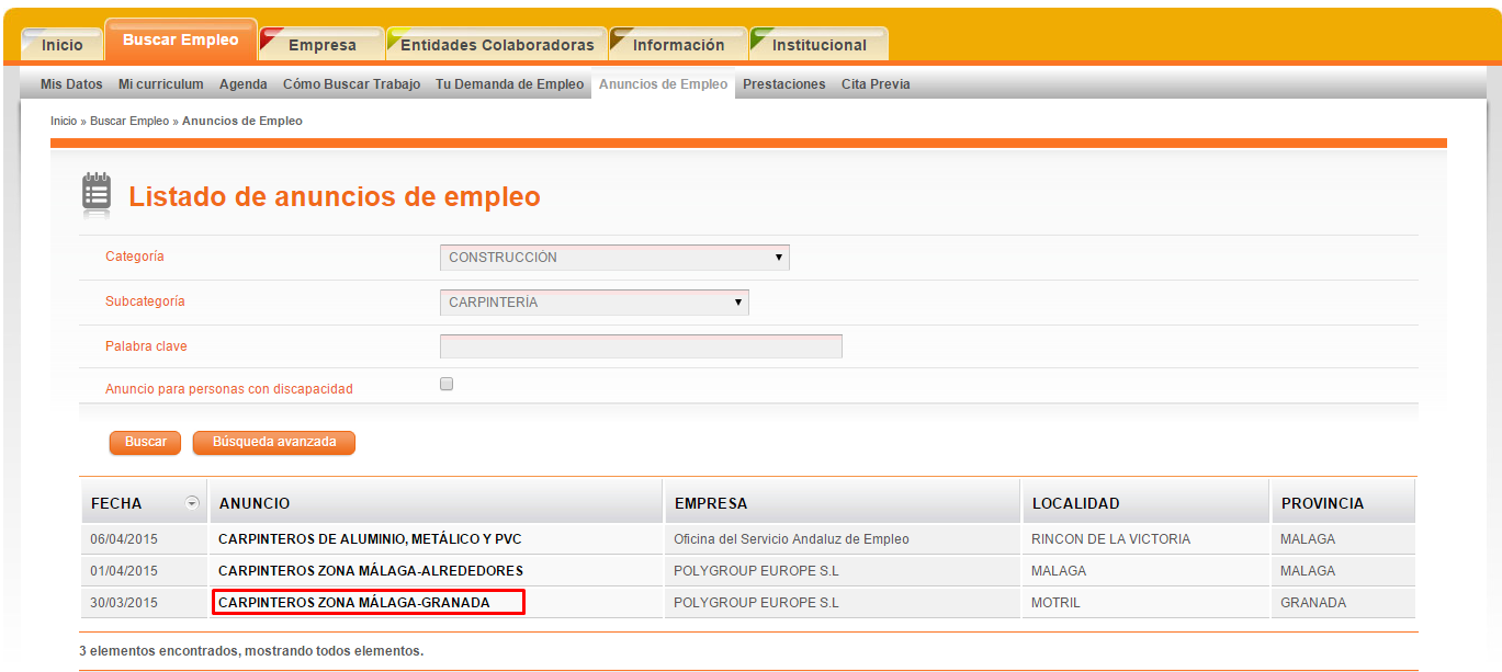 listado de anuncios de empleo
