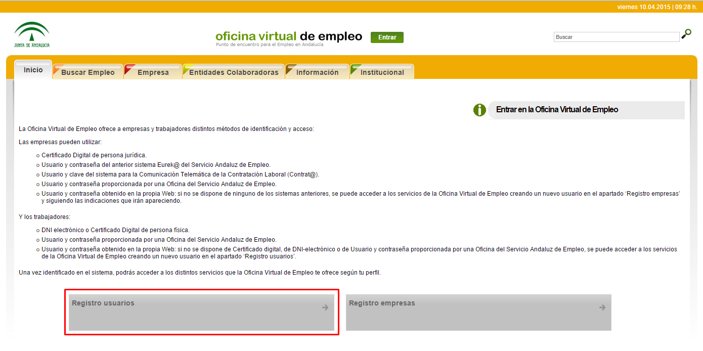 pagina de inicio oficina virtual de empleo