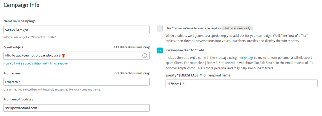 Configurar campaña Mailchimp