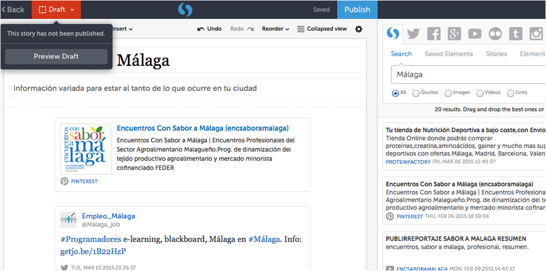 imagen de interfaz de storify en el borrador