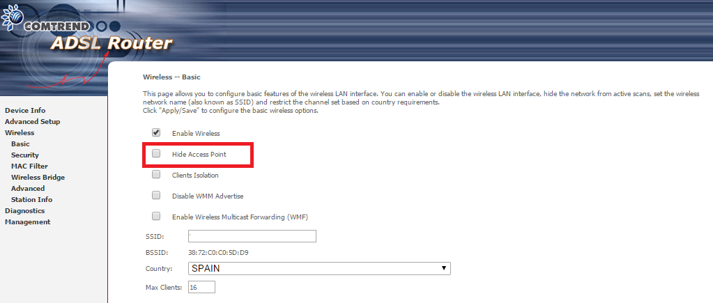 imagen de la configuración del router donde está marcada la opción de ocultar el wifi