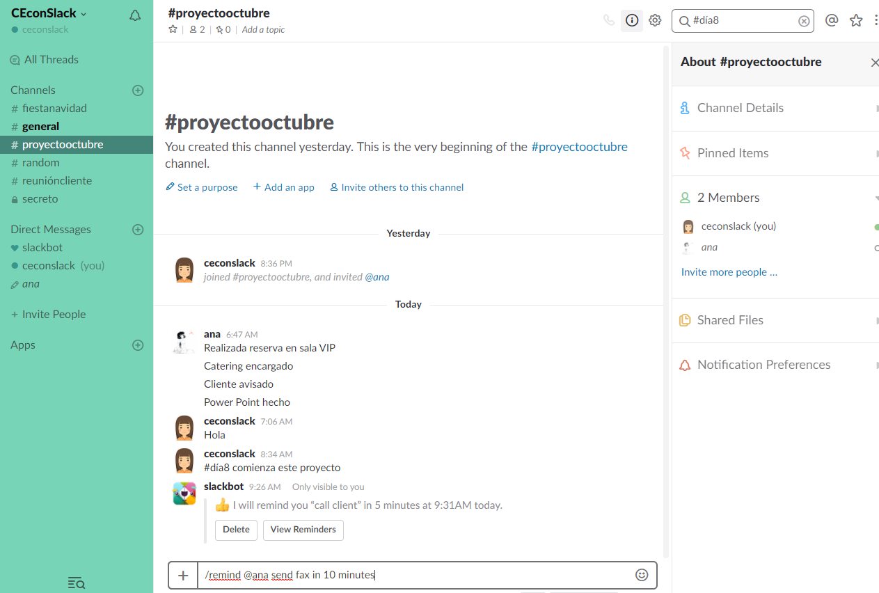 Recordatorios en Slack